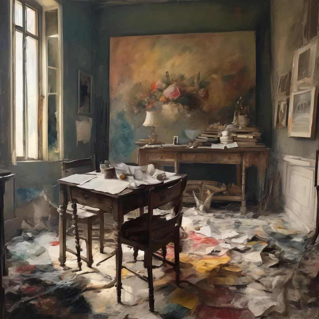 Αρχείο ζωγραφικής μέσα σε παλιό καλλιτεχνικό στούντιο, έργα και φακέλους, πλούσια καλλιτεχνική ατμόσφαιρα.